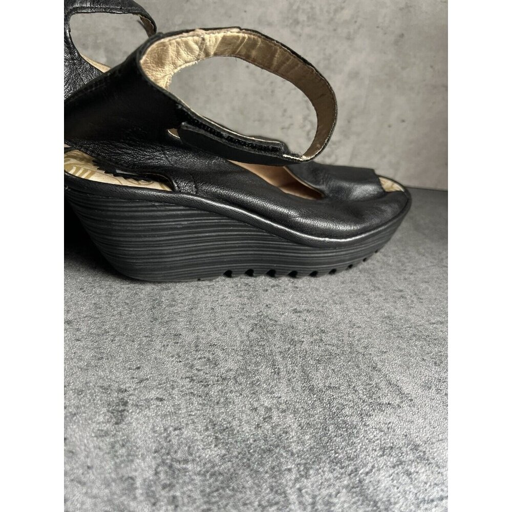 Fly London Yala Peep Toe Black Leather Platform Wedge Sandal EU 37 US 6.5 - Picture 3 of 16
